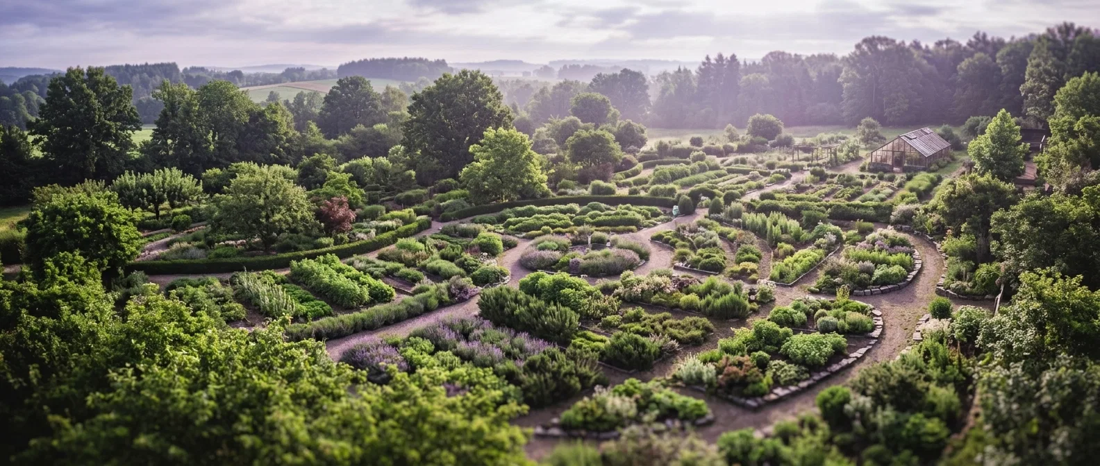 Botanische tuin met kruiden en planten in zacht ochtendlicht