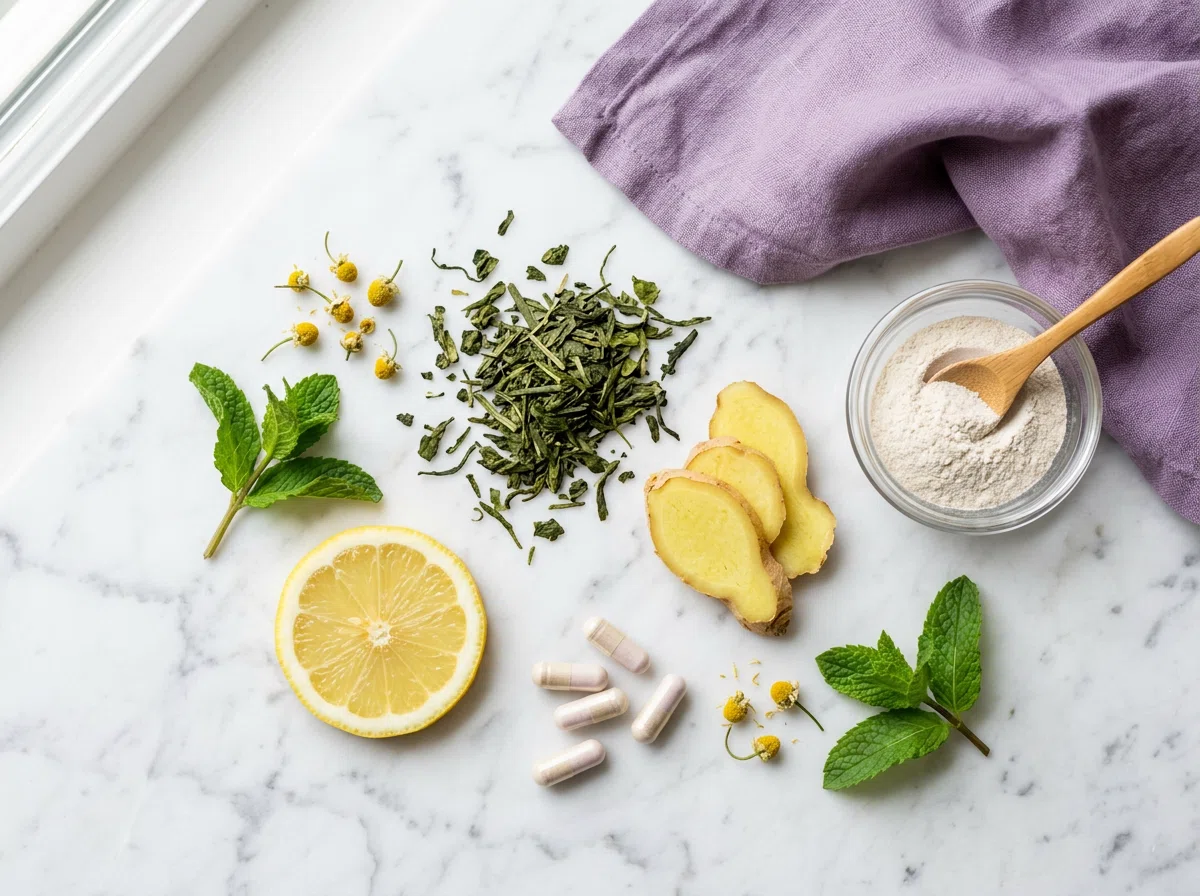 Flat lay van groene thee bladeren, gemberwortel, citrusschijfjes en plantaardige capsules op wit marmer