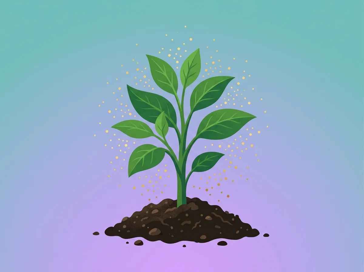Botanische illustratie van groeiende plant met vitaliserende energie-elementen